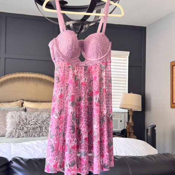 Plus Size 1X Babydoll Lingerie Nightie Floral Sheer Lace Underwire Sleepwear - Picture 1 of 6